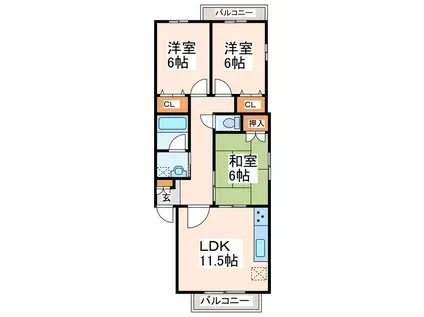 サンライズ国府A棟(3LDK/1階)の間取り写真