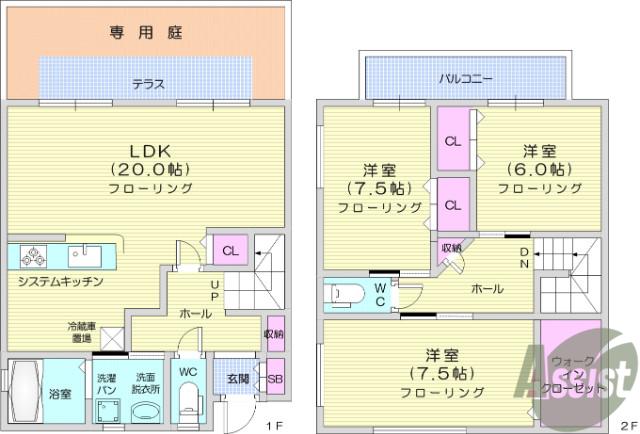 グランディール八乙女中央(3LDK/1階)の間取り写真