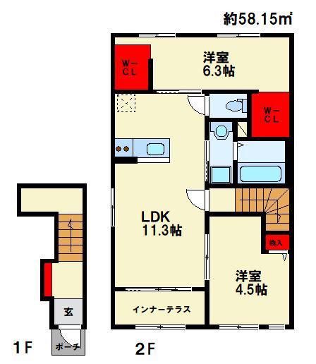カーサ・はなみずき(2LDK/2階)の間取り写真
