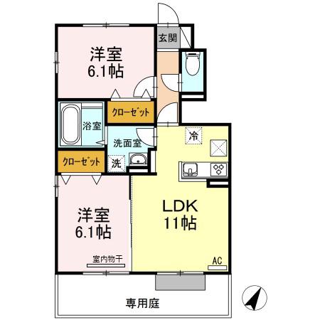 ソレイユB棟(2LDK/1階)の間取り写真