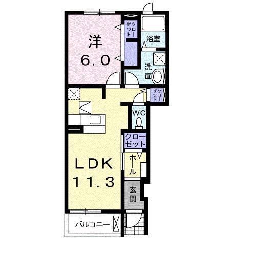 グラン・ソレイユB 1LDK(1LDK/1階)の間取り写真
