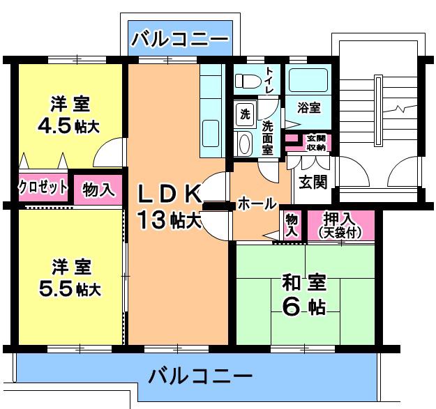 内野中央団地3号棟(3LDK/4階)の間取り写真