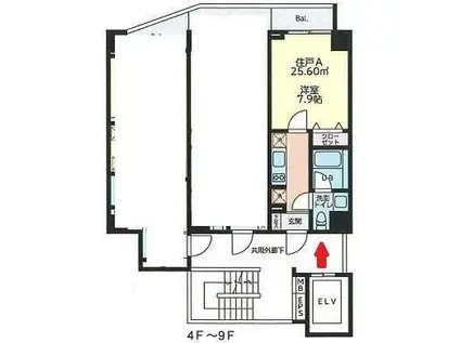 レジエール ウエスト(1K/4階)の間取り写真