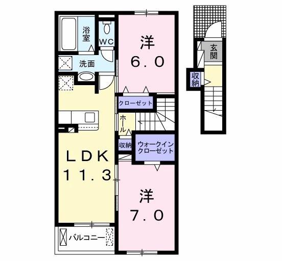 サンデリアーナ糒B(2LDK/2階)の間取り写真