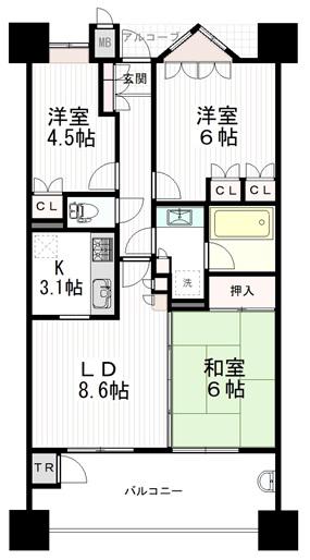サンデュエル中倉(3LDK/9階)の間取り写真