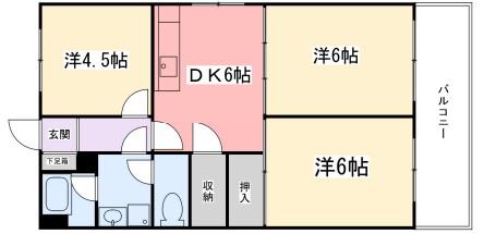 東今宿中村コーポII(3DK/6階)の間取り写真
