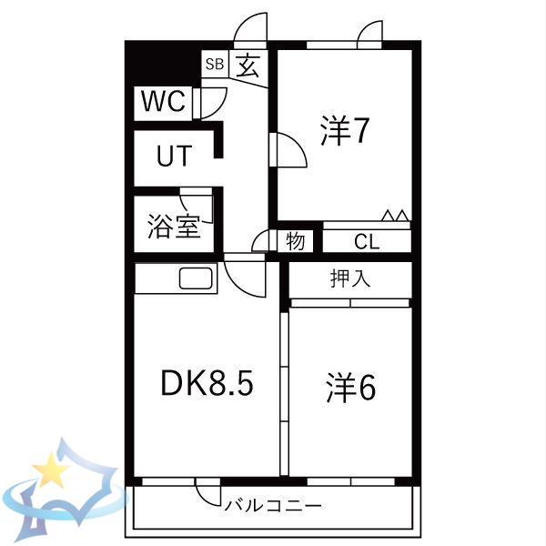 ロワイヤル山の手(2DK/3階)の間取り写真