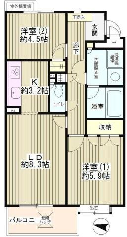 フラット浜田山B棟(2LDK/2階)の間取り写真