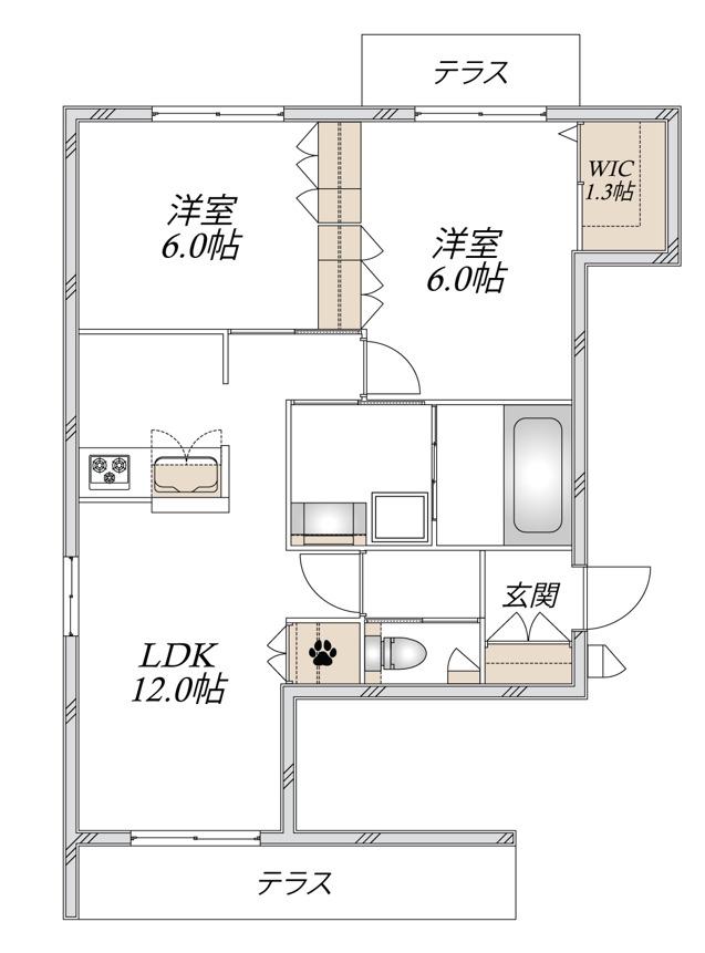 稲城市押立ヘーベルメゾン(2LDK/1階)の間取り写真