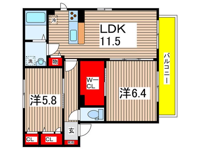 リヴェールコートB棟(2LDK/1階)の間取り写真