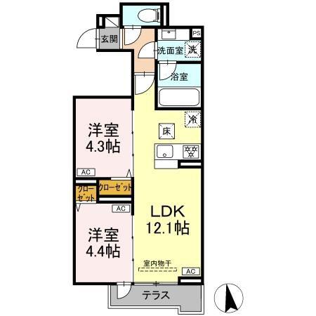セレスティア谷中(2LDK/1階)の間取り写真