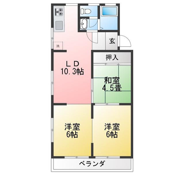 勢田パークマンションB棟(3LDK/2階)の間取り写真