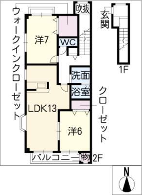 サンビレッジ稲里 北棟(2LDK/2階)の間取り写真