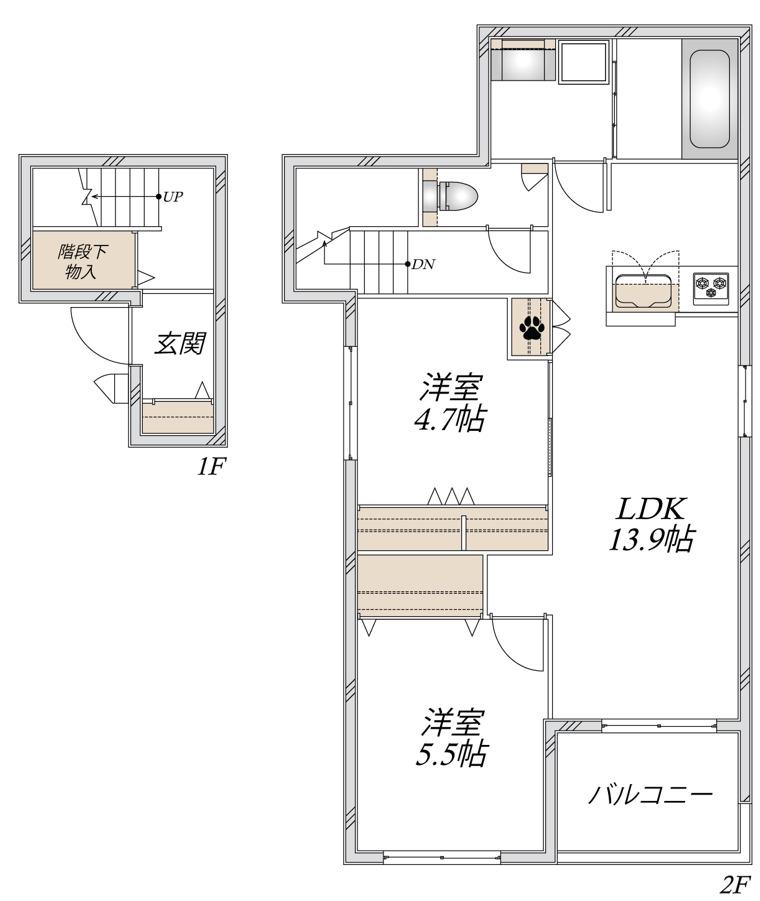 稲城市押立ヘーベルメゾン(2LDK/2階)の間取り写真
