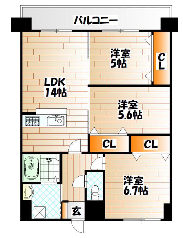 足原1丁目マンション(3LDK/12階)の間取り写真