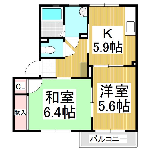 アップルヤマハ B棟(2K/1階)の間取り写真