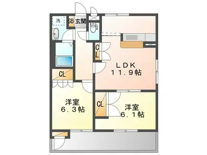 グローリアス山水 A棟(2LDK/1階)の間取り写真