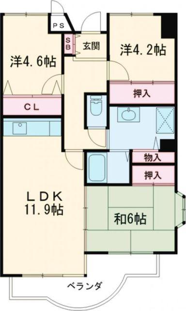 サニーヒル会瀬 1号館(3LDK/2階)の間取り写真