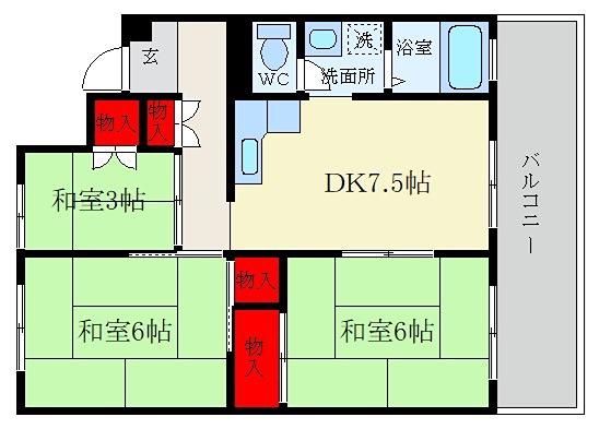 枚方ハイツ3号棟(2SDK/4階)の間取り写真