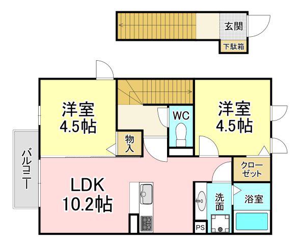 ヴィルヌーブ相坂 F棟(2LDK/2階)の間取り写真