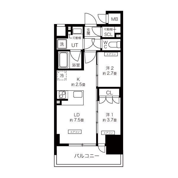 K-COURT谷町四丁目(2LDK/8階)の間取り写真
