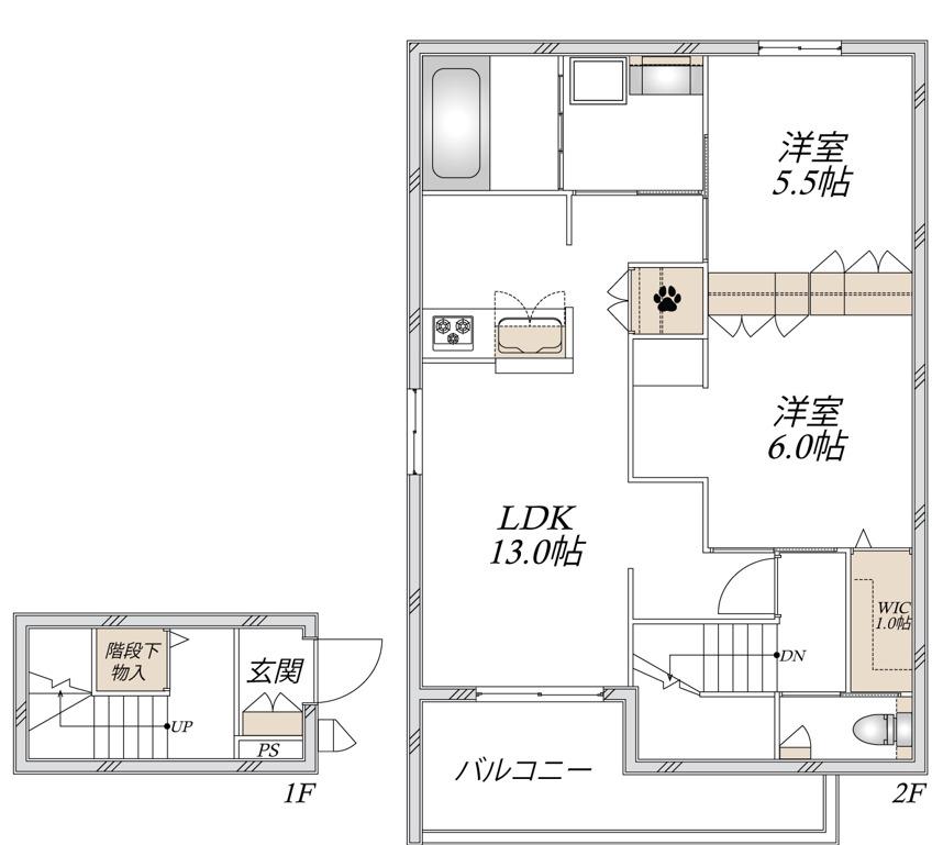稲城市押立ヘーベルメゾン(2LDK/2階)の間取り写真