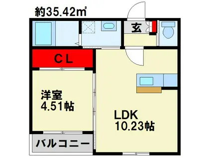 エクスヴィータ新入(1LDK/2階)の間取り写真