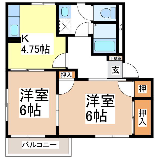 シャンブルしののい S棟(2K/2階)の間取り写真