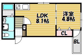 ALEGRIA忍ケ丘駅(1LDK/2階)の間取り写真