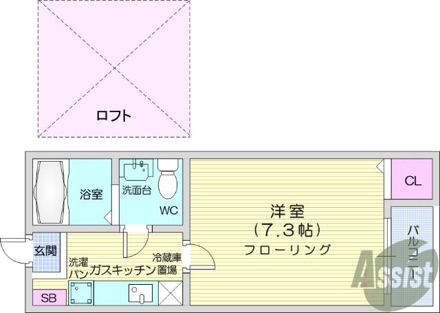 ユエヴィ台原(1K/2階)の間取り写真