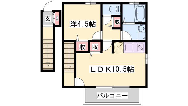 ピクシーヒルズ北平野(1LDK/2階)の間取り写真