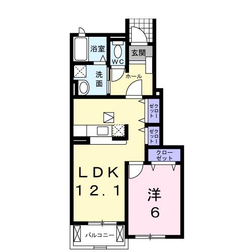ソレアードI B棟(1LDK/1階)の間取り写真