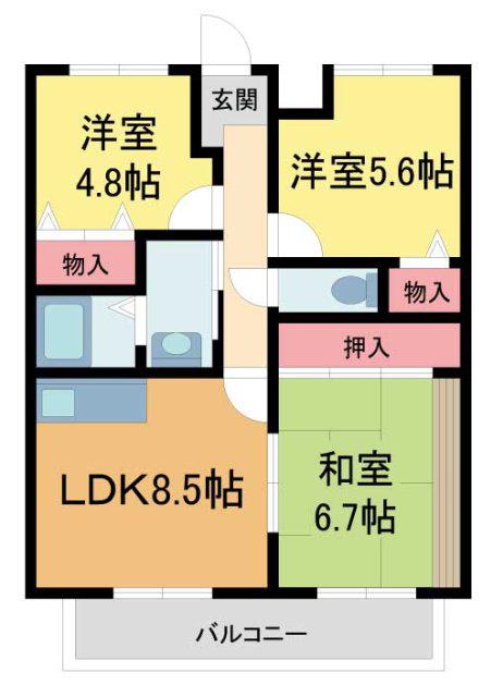 アリヴィラ夙川(3DK/2階)の間取り写真