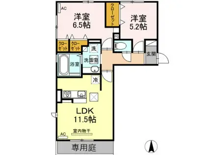 ウエストヒルズ萩I(2LDK/1階)の間取り写真