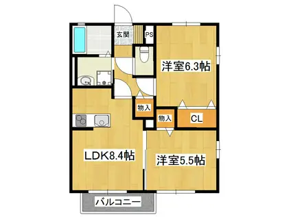 ブバルディアD棟(2LDK/1階)の間取り写真