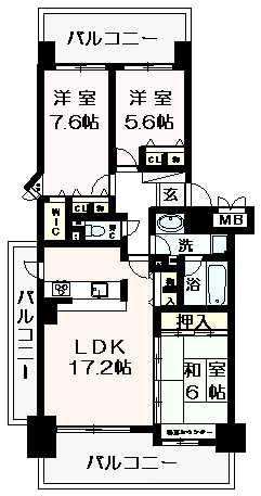 ファミールハイツ泉大津セントハーバーシティ6番館(3LDK/3階)の間取り写真
