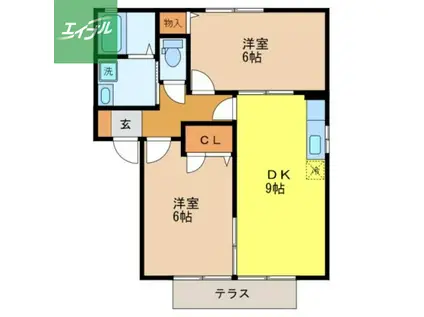 レジデンシャルプレイスB棟(2DK/1階)の間取り写真