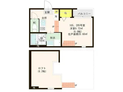 ハーモニーテラス 和白VII(1K/2階)の間取り写真