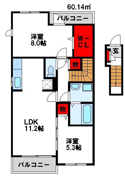 ウェイホームやまのくちB(2LDK/2階)の間取り写真