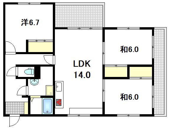 横川パークマンション(3LDK/3階)の間取り写真