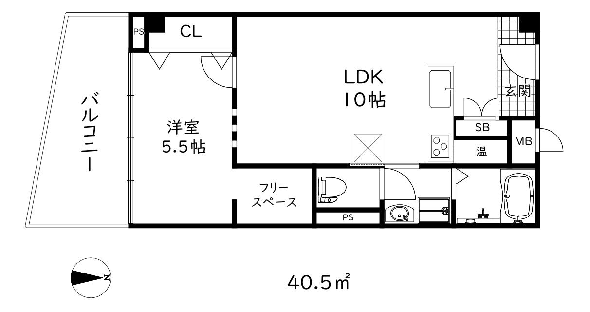 花隈ダイヤハイツ(1LDK/6階)の間取り写真