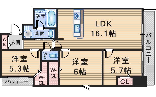 グラントリアノン緑地公園(3LDK/2階)の間取り写真
