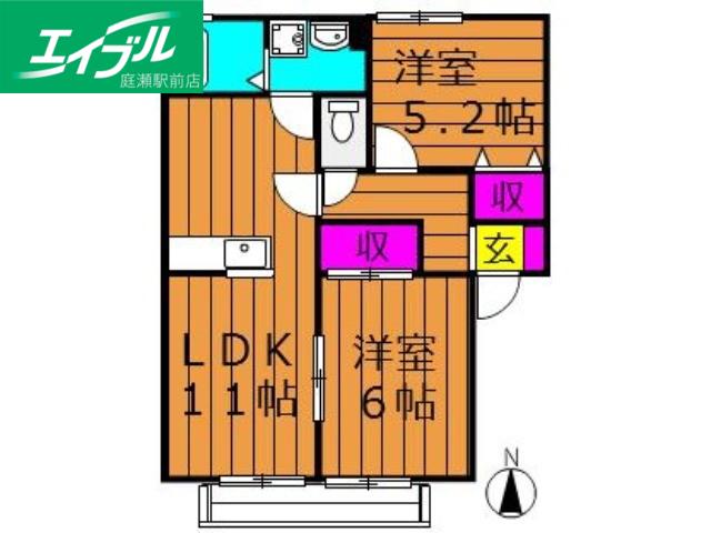 ピアチェーレ金光B棟(2LDK/1階)の間取り写真