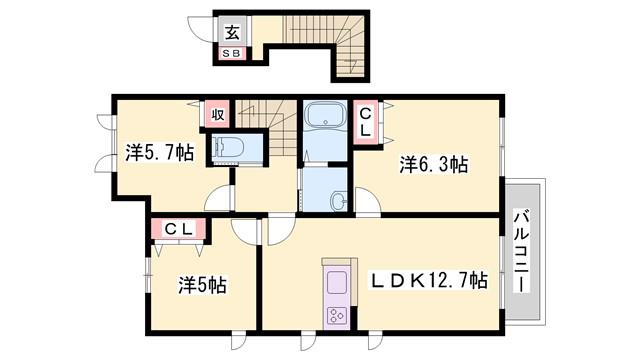 MAST COURT 加古川南 B棟(3LDK/2階)の間取り写真