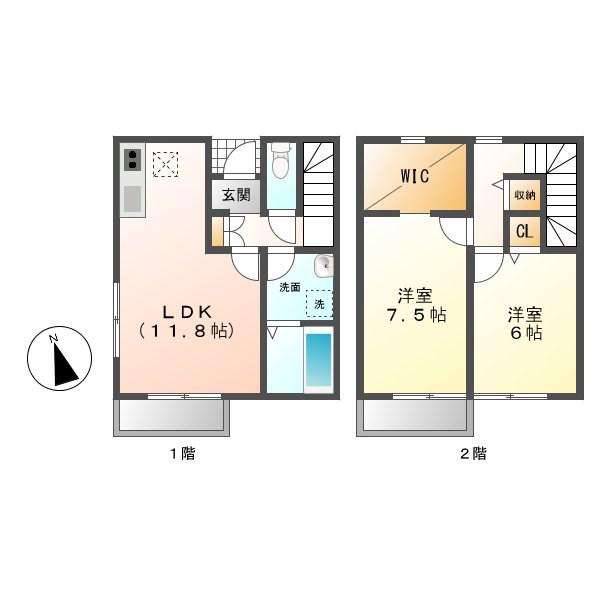 シャイネンドルフ B棟(2LDK/2階)の間取り写真