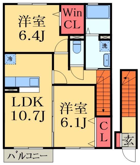 サザンハート吉岡 A棟(2LDK/2階)の間取り写真