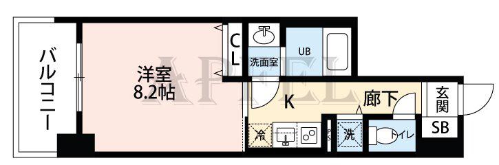 アヴェニール北浜(1K/9階)の間取り写真