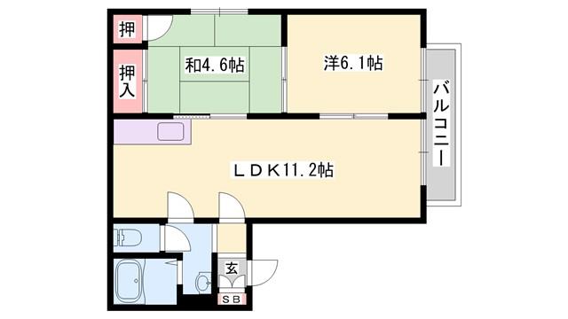 ディアス妻鹿駅前 B棟(2LDK/2階)の間取り写真