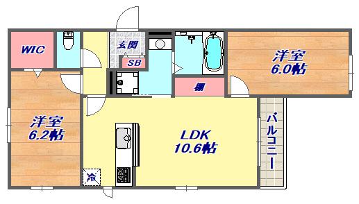 ベレッツァ甲南山手(2LDK/3階)の間取り写真
