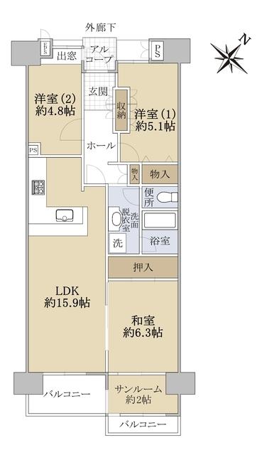 サンスクエア川崎5号棟(3LDK/2階)の間取り写真
